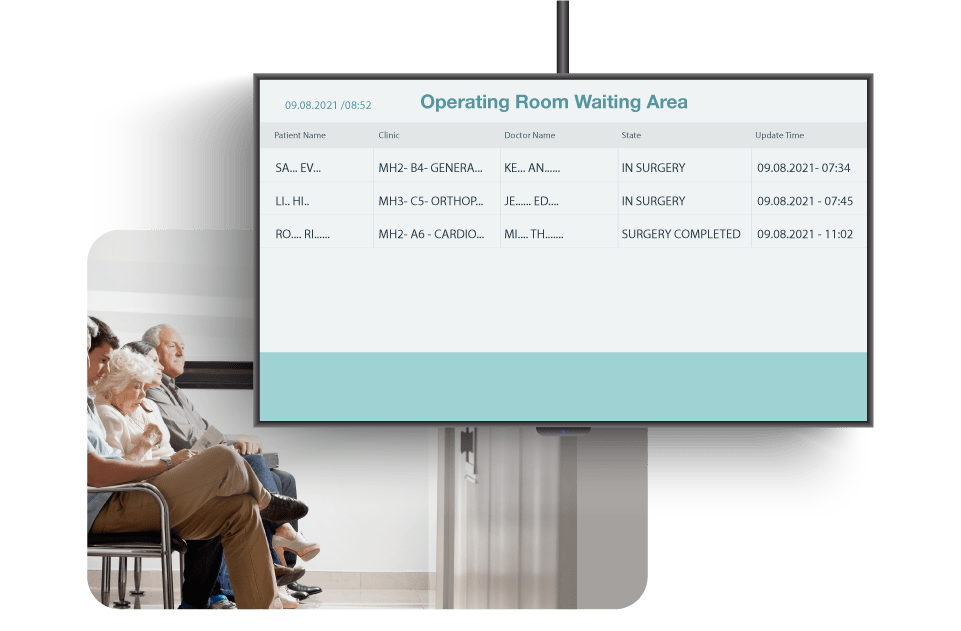 Keep patient relatives informed. Visual dashboards enable relatives and loved ones to monitor the workflow of surgery and rest easy. They are informed when the surgery has started and when the patient leaves the operating room
