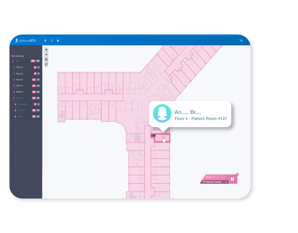 Reduce time spent searching for patients RTLS patient tracking allows you to pinpoint the exact location of each of your patients in real-time. Real-time visibility of your patients ensures timely patient care without delays and provides quick responses in times of need, such as patient falls.